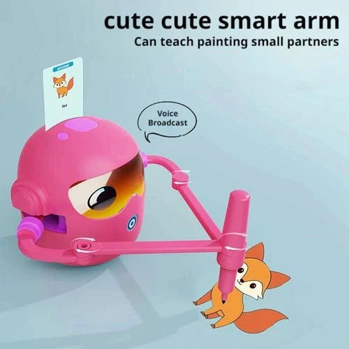 Pink Educational Drawing Robot Toy with cartoon fox character on light blue background – ‘Cute Cute Smart Arms’ teaching painting for kids