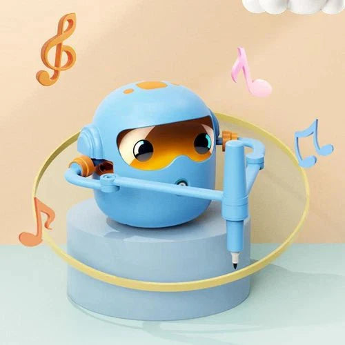 Educational Drawing Robot Toy figure with blue helmet and musical notes on beige background – interactive kids drawing robot