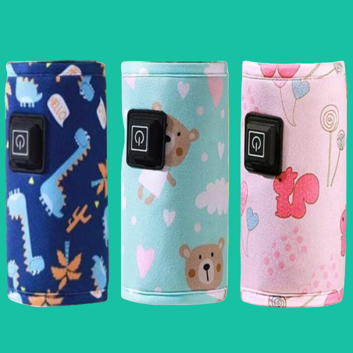Three colorful baby feeder warmer cases with animal patterns on green background – protective USB feeder covers for infants