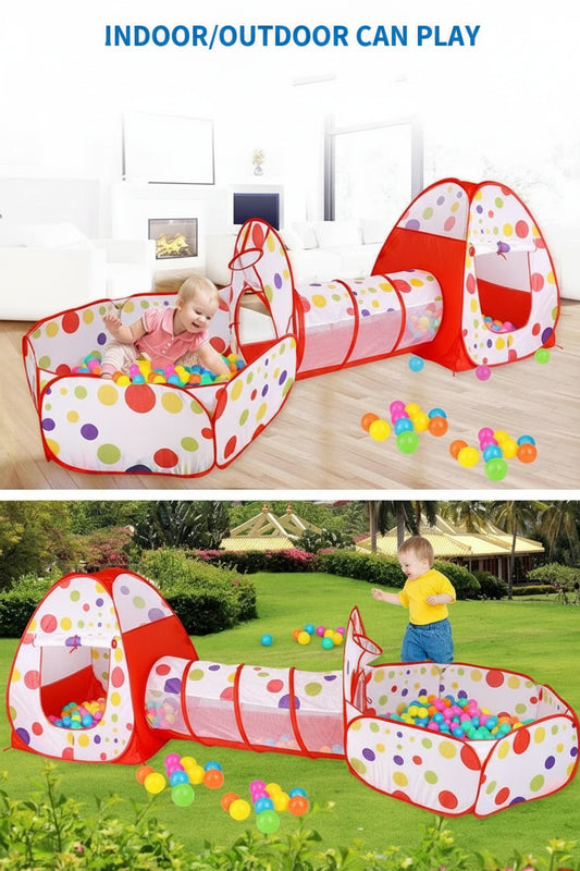Children’s play tent with tunnel and ball pit in indoor and outdoor settings – 3-piece kids playhouse