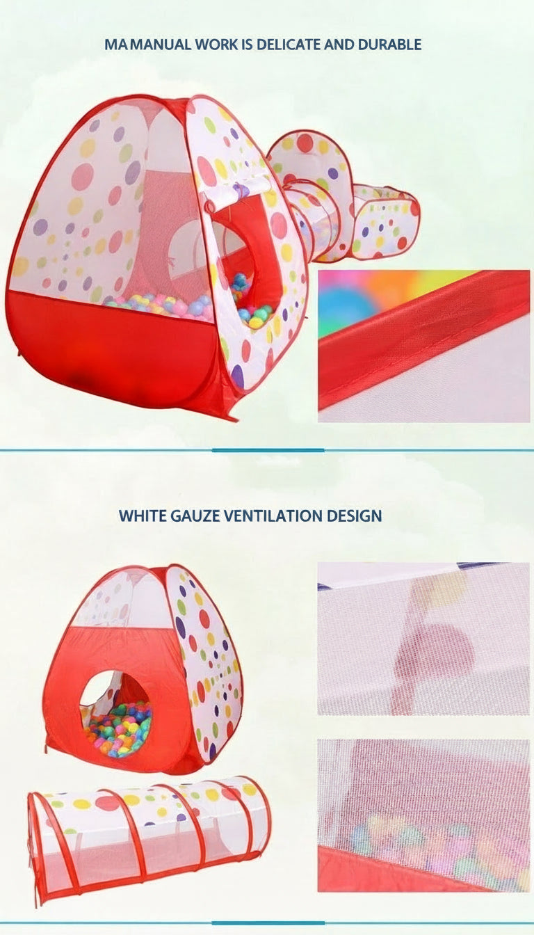 Children’s play tent showing durable design and white gauze ventilation – 3-piece kids tunnel tent set