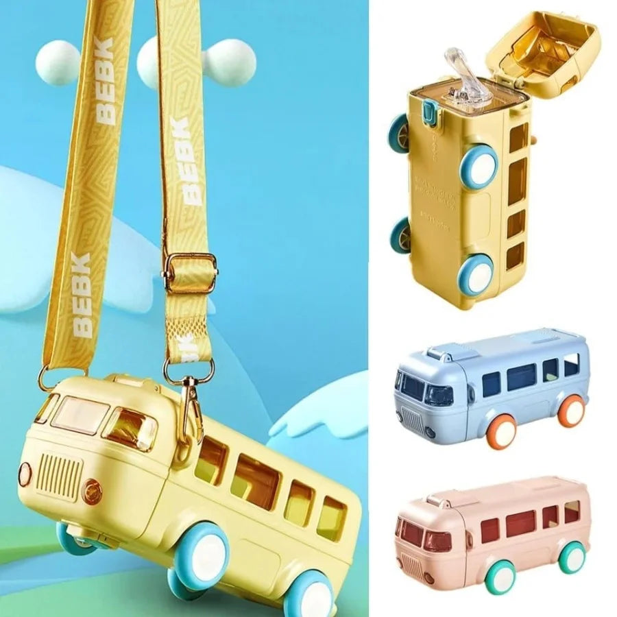 School Bus Design Kids Water Bottle with Strap | 500ml Leak-Proof ABS Plastic Bottle (Random Color)