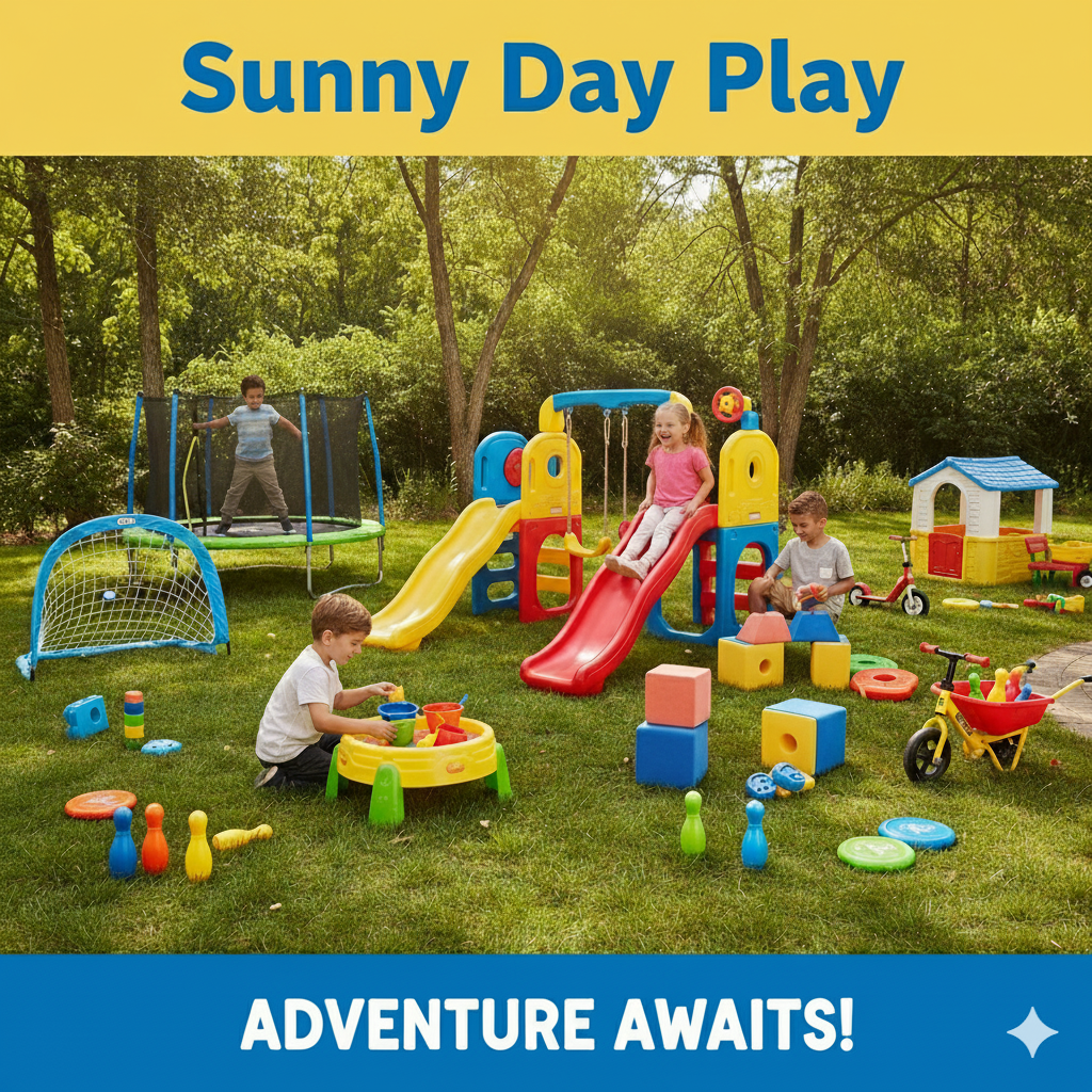 Outdoor toys for kids such as balls, ride-ons, and garden play equipment from Tiny Toyland