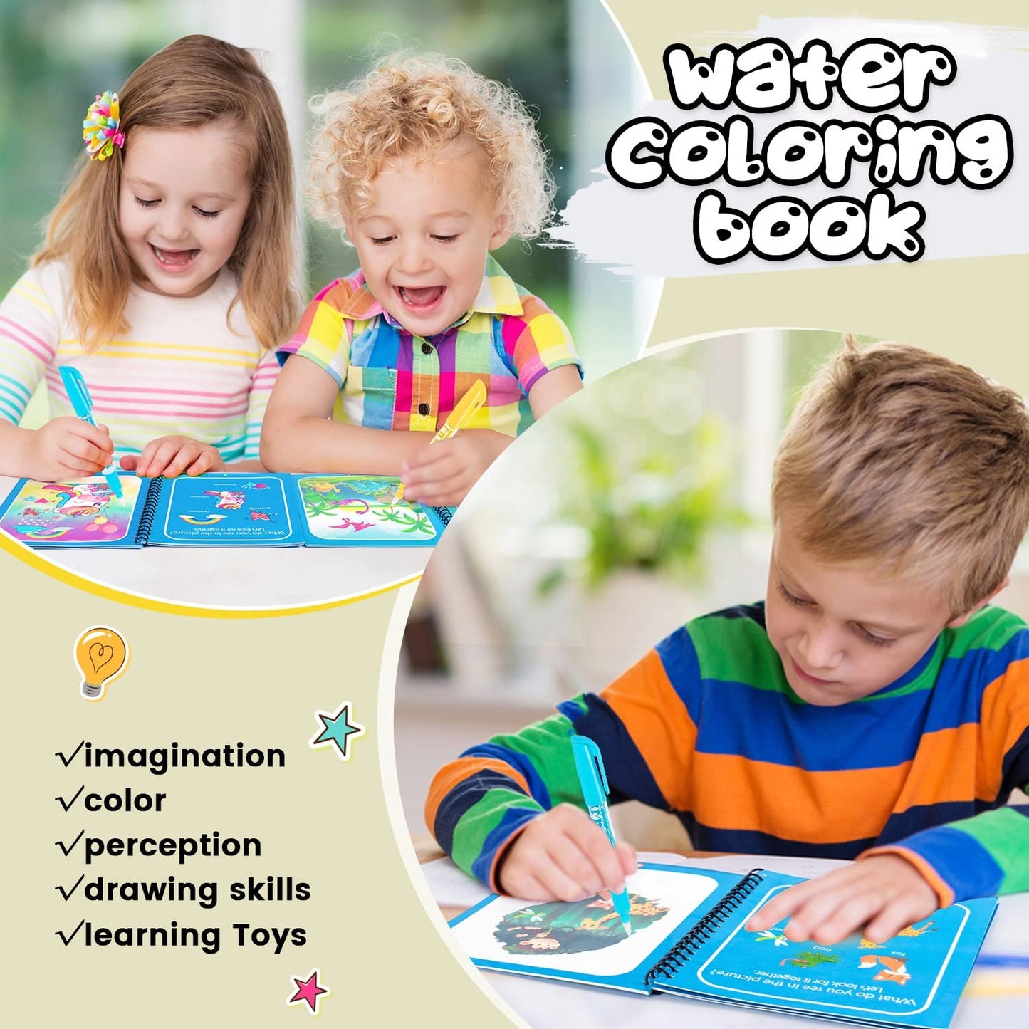 Magic Water Drawing Book with Pen – Reusable Coloring Fun (Random Design)