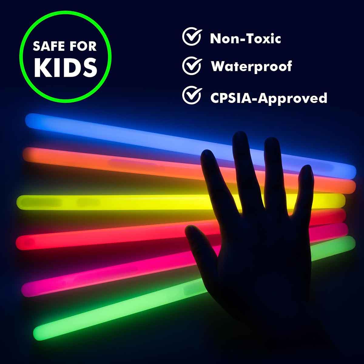 Glow sticks in various colors with hand for size comparison – safe glow sticks with certifications on dark background for kids