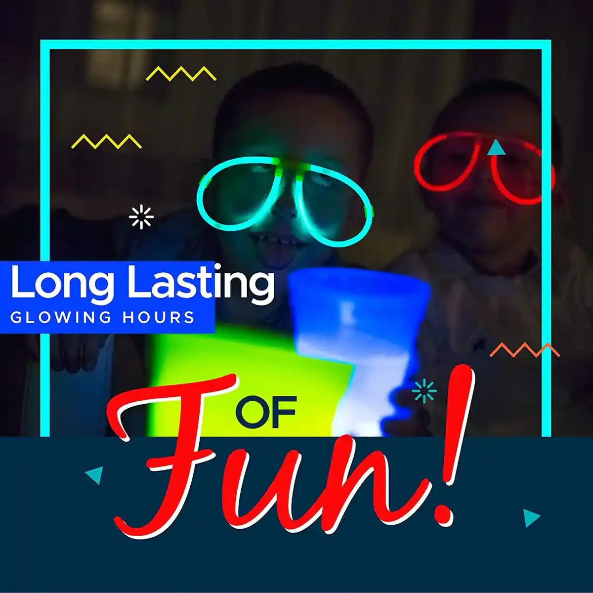 Two children wearing glowing glasses – long-lasting glow sticks for hours of fun and kids’ party lights