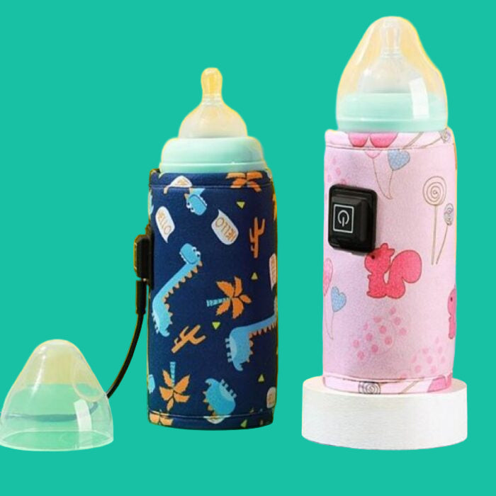 Two baby bottles with colorful protective covers on teal background – USB feeder warmer accessories for infants