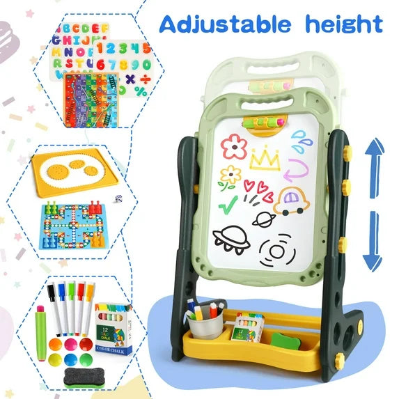 Children’s Learn-n-Draw Double Fun Board with adjustable height, markers, and educational toys on colorful background – 2-in-1 whiteboard and chalkboard for kids