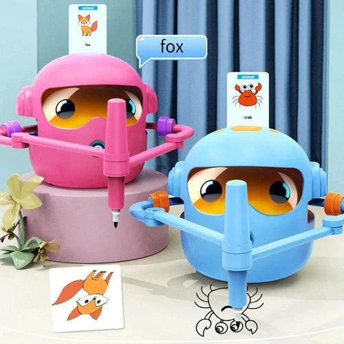 Two colorful Educational Drawing Robot Toys with cartoon faces and writing implements on light blue background – kids drawing robots