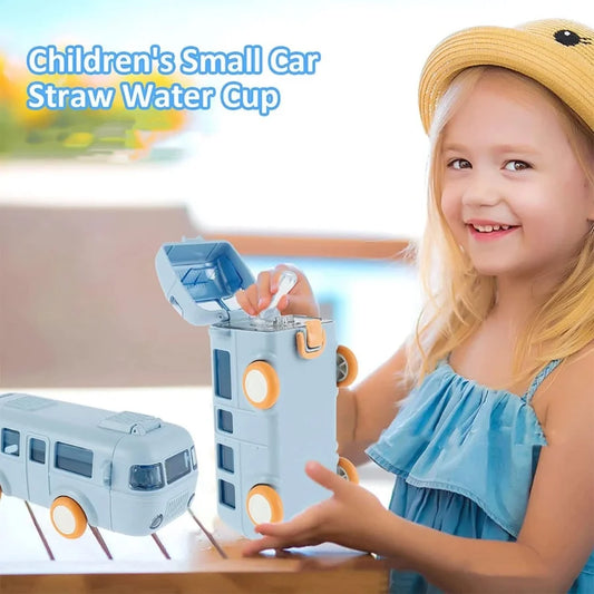 School Bus Design Kids Water Bottle with Strap | 500ml Leak-Proof ABS Plastic Bottle (Random Color)