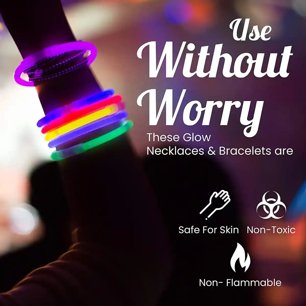 Glow necklaces and bracelets with ‘Use Without Worry’ text – safe glow sticks with certified kids party lights