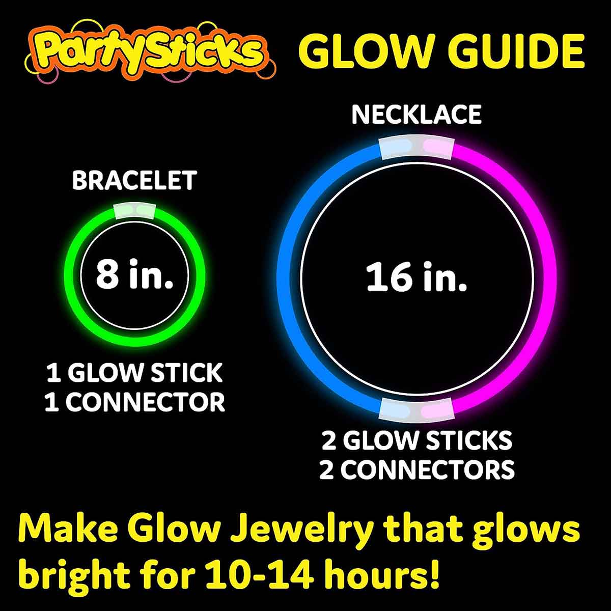 PartySticks glow stick guide with measurements – bracelet and necklace sizing on black background for kids