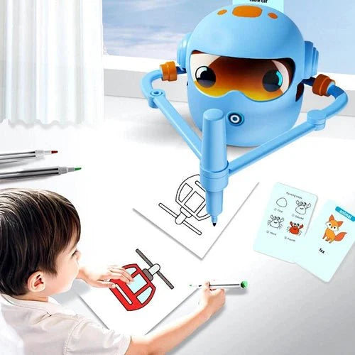 Child using an Educational Drawing Robot Toy with educational materials on a table – interactive learning toy for kids