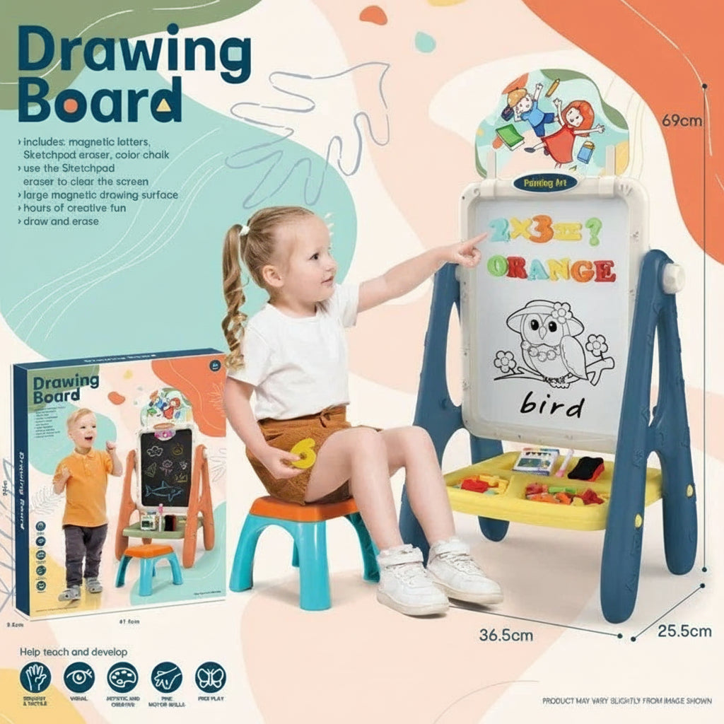 Children’s Learn-n-Draw Double Fun Board with child using it, packaging on the side, and product details – 2-in-1 whiteboard and chalkboard for kids