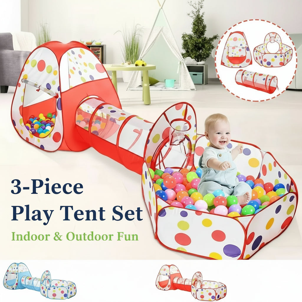 3-piece play tent set with baby playing inside – tunnel, ball pit, and playpen for kids by Tiny Toyland