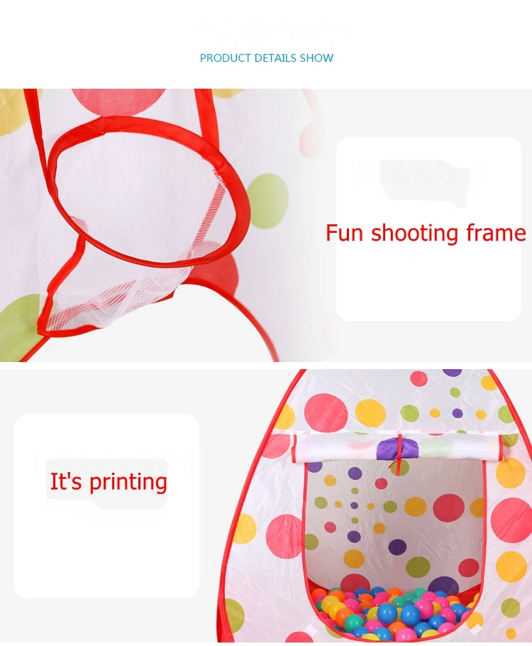 Colorful polka dot children’s play tent with red frame and colorful balls inside – ‘Fun shooting frame’ 3-piece play set