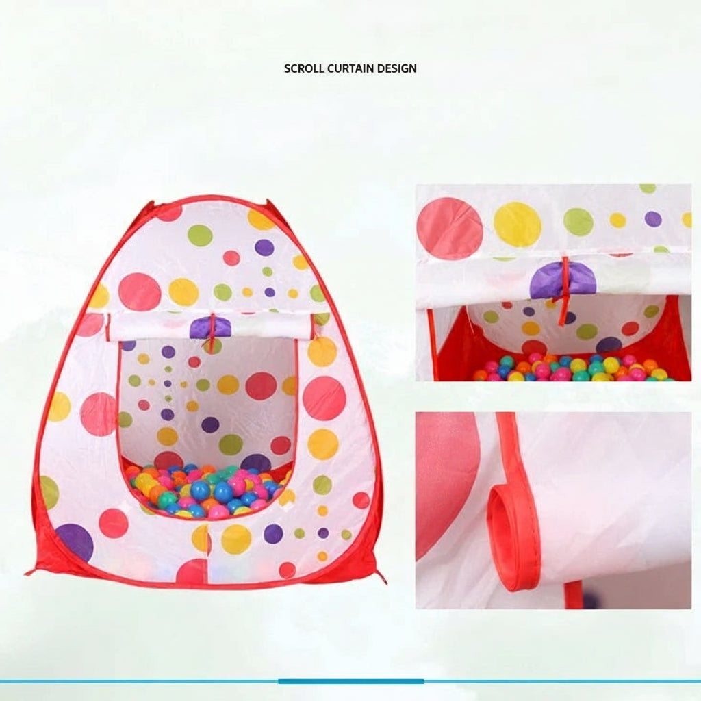 Colorful polka dot ball pit tent with inset showing curtain scrolling design – 3-piece kids play tent set