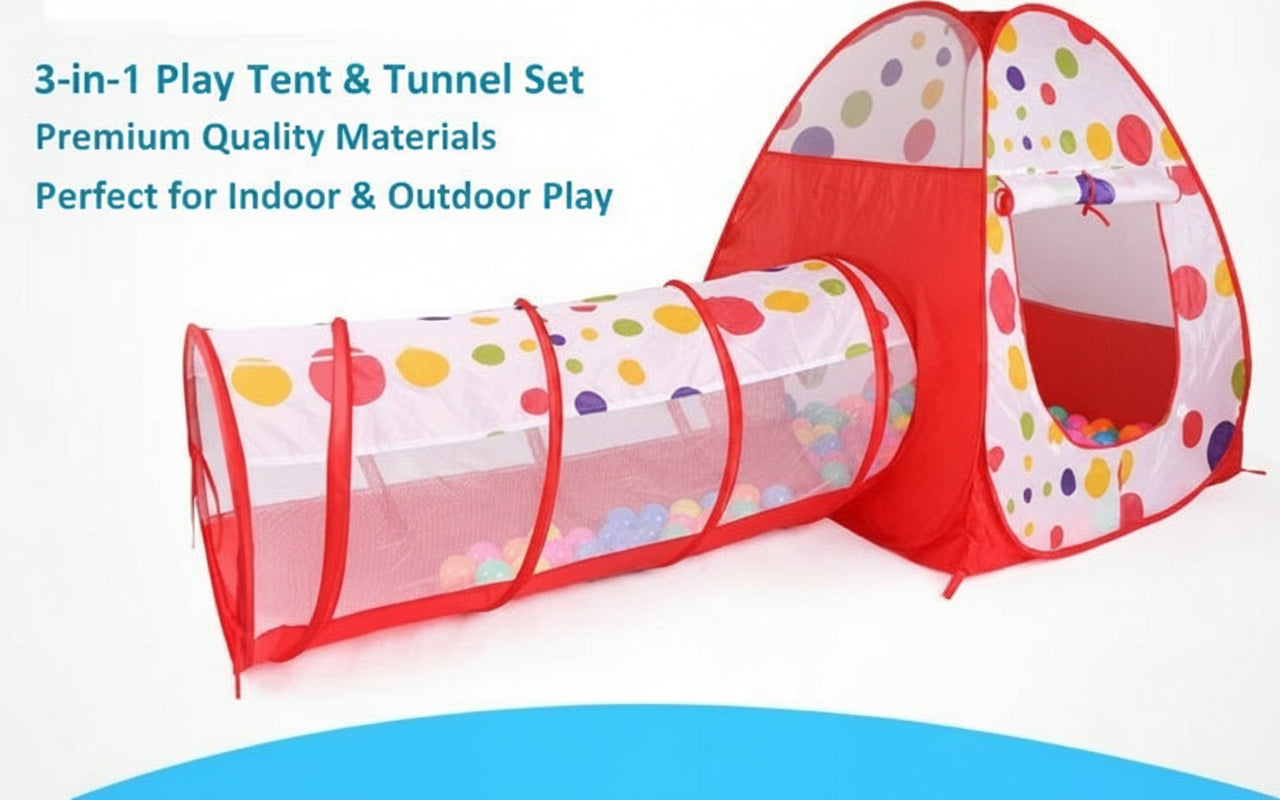 Children’s 2-section play tent and tunnel with colorful polka dot design on white background – part of 3-piece kids play set